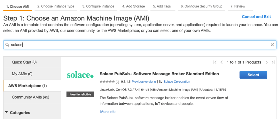 Click the AWS Marketplace tab and search for Solace