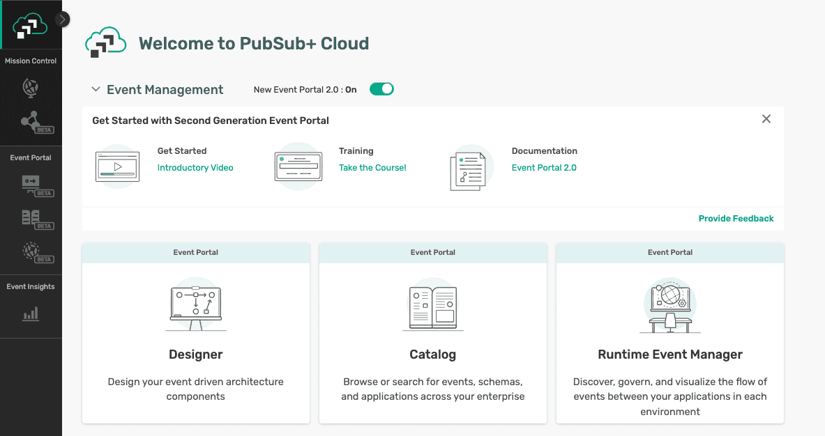 an screenshot of PubSub+ Event Portal showing you how to access the beta version of 2.0